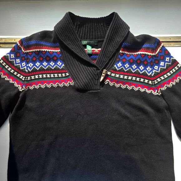 Lauren Ralph Lauren Sweaters - Lauren Ralph Lauren Cotton Sweater Black Shawl Fair Isle Nordic Design Toggle XL